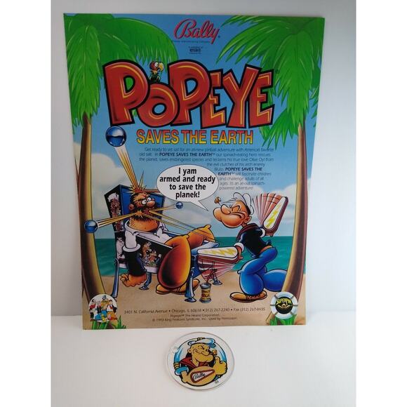Popeye Saves The Earth Pinball Flyer + Plastic Promo Keychain Original NOS 1993 - Picture 1 of 5